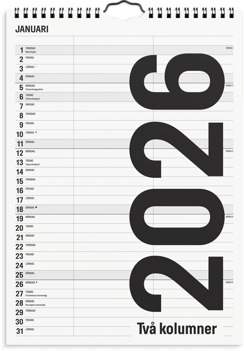 Familjekalender 2026 Black and white 2 kolumner
