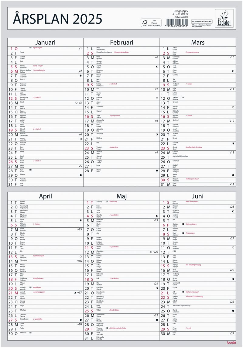 Väggkalender 2025 Årsplan