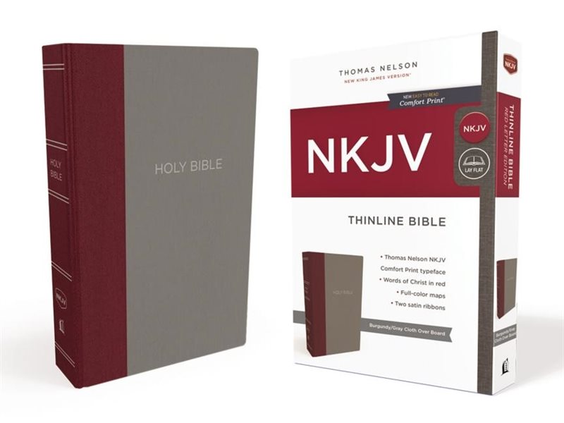 Nkjv, thinline bible, standard print, cloth over board, burgundy/gray, red